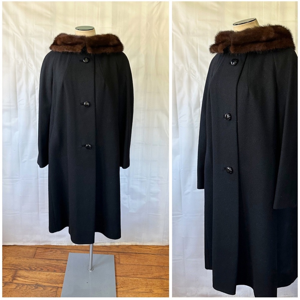Vintage Black Wool Coat Dead Stock Mink Collar  1960s Extra Large 48 XL XXL